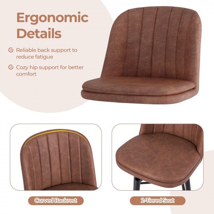 Curved backrest and padded seat of the 27-inch swivel bar stool set in brown, ideal for kitchen islands and cafes.