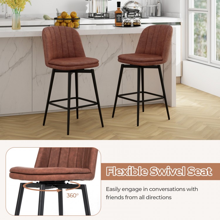 27-inch brown swivel bar stool with padded seat and black metal legs, ideal for kitchen islands and cafes.