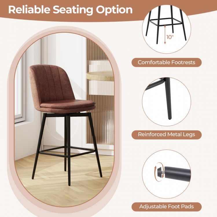 Swivel bar stool with padded seat in black and brown, featuring reinforced metal legs and adjustable foot pads for.