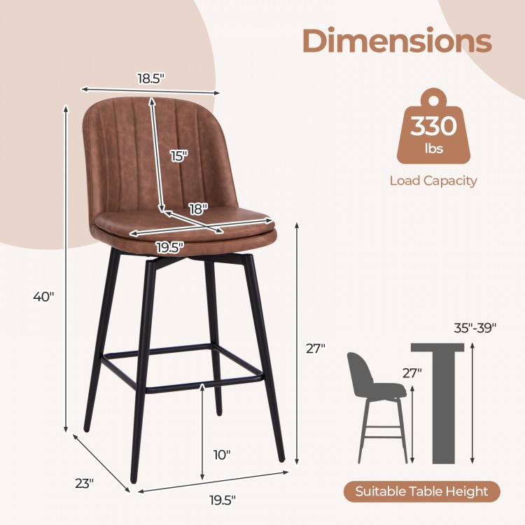 27-inch swivel bar stool with padded seat in black and brown, featuring a curved backrest and reinforced metal legs.