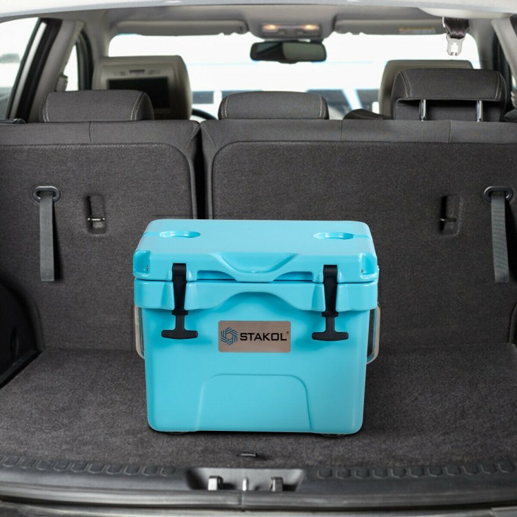 Portable blue insulated ice cooler with 24-can capacity and cup holders, ideal for camping and outdoor activities.