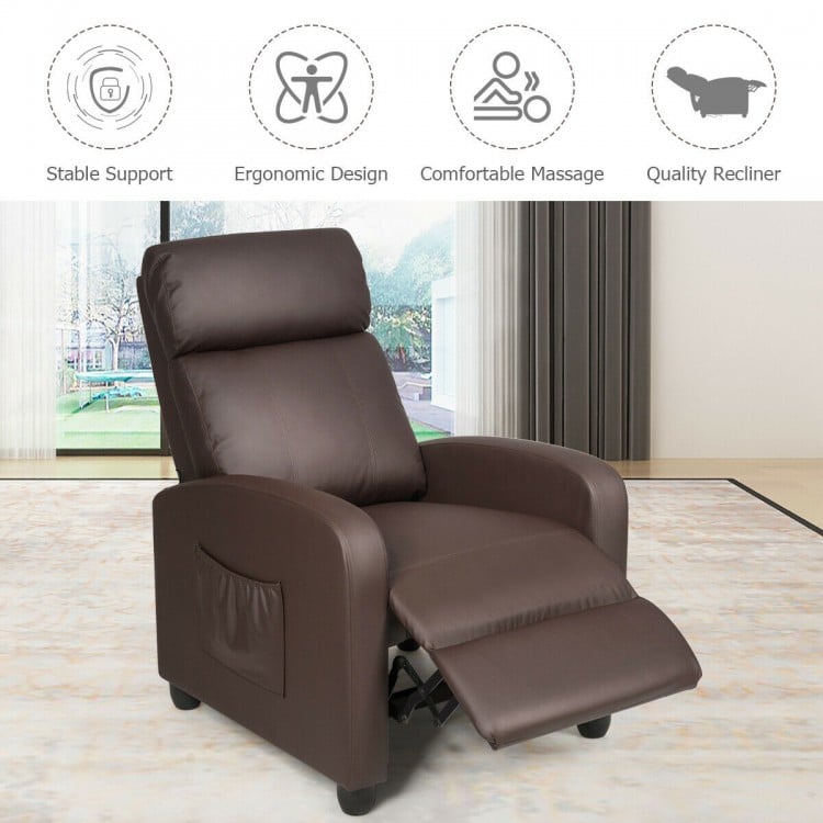 Brown recliner sofa wingback chair with massage function, adjustable angles, and side pocket for remote control storage.