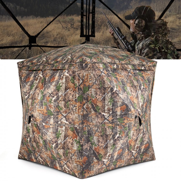 270° see-through hunting blind tent with silent magnetic door, designed for stealth and spacious comfort for 2-3.