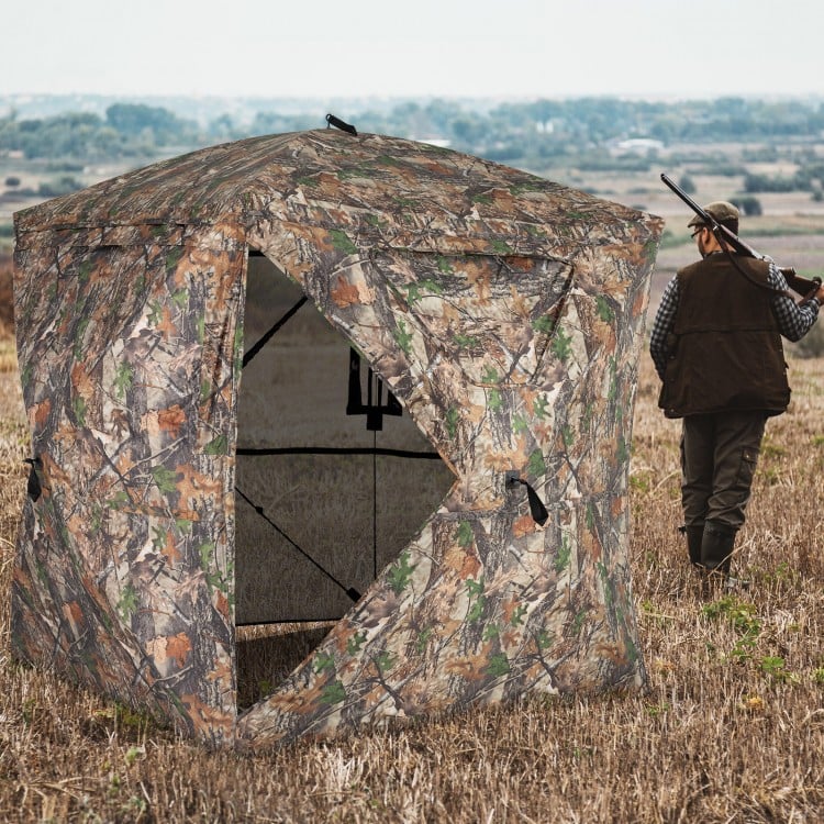 270° see-through hunting blind tent with silent magnetic door, featuring camouflage design and spacious interior for.