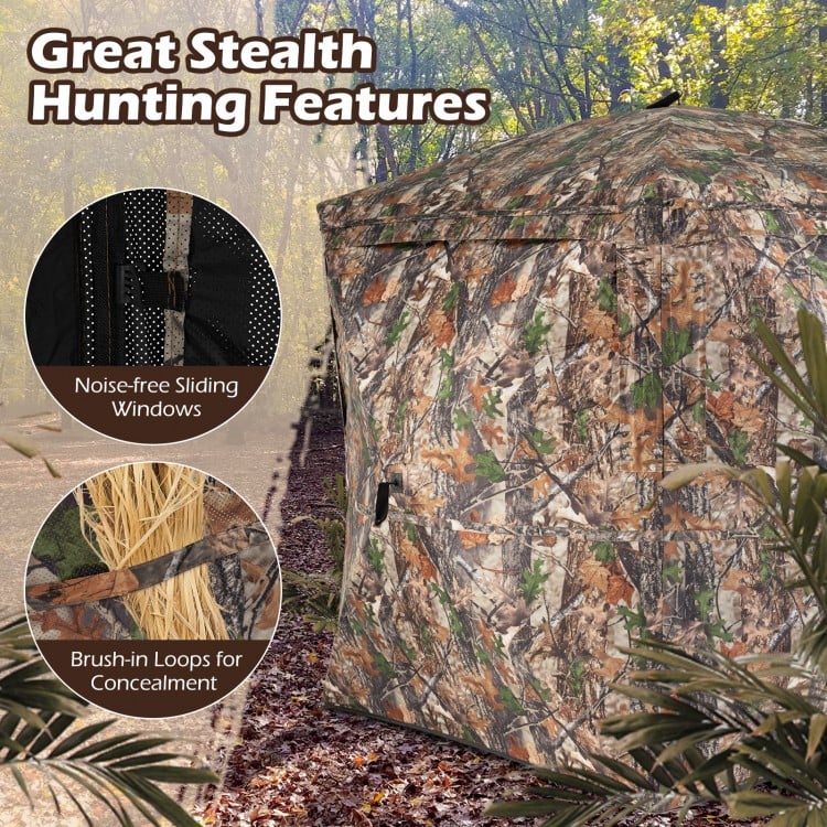 270° see-through hunting blind tent featuring silent sliding windows and camouflage design for stealthy outdoor use.