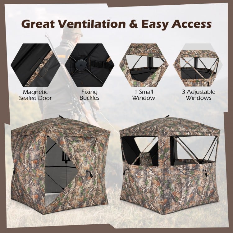 270° see-through hunting blind tent with magnetic door, featuring 4 windows for ventilation and easy access in the.
