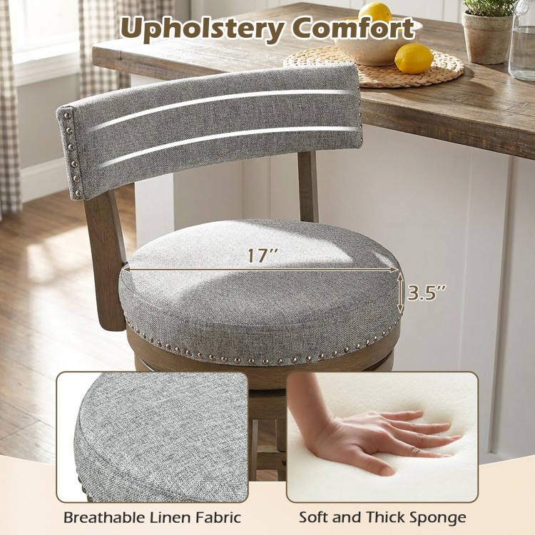 Swivel bar stool with upholstered back and 5" thick cushion, featuring breathable linen fabric and decorative nailhead.