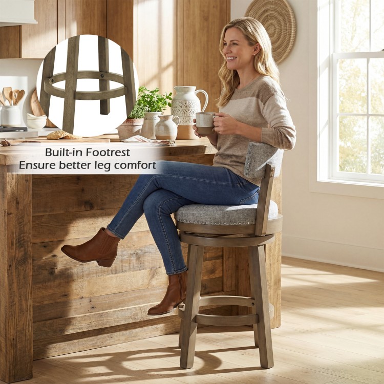 Swivel bar stool with upholstered back, built-in footrest, and solid rubber wood legs for kitchen comfort.