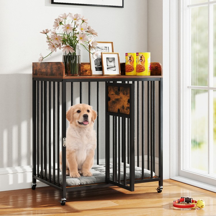 Rustic brown 27.5-inch dog crate furniture with wheels, featuring a lockable door and large tabletop for supplies.