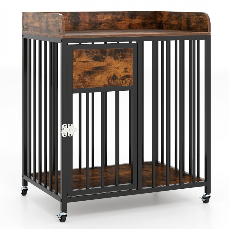 Rustic brown 27.5-inch dog crate furniture with wheels, featuring a sturdy design and large tabletop for supplies.
