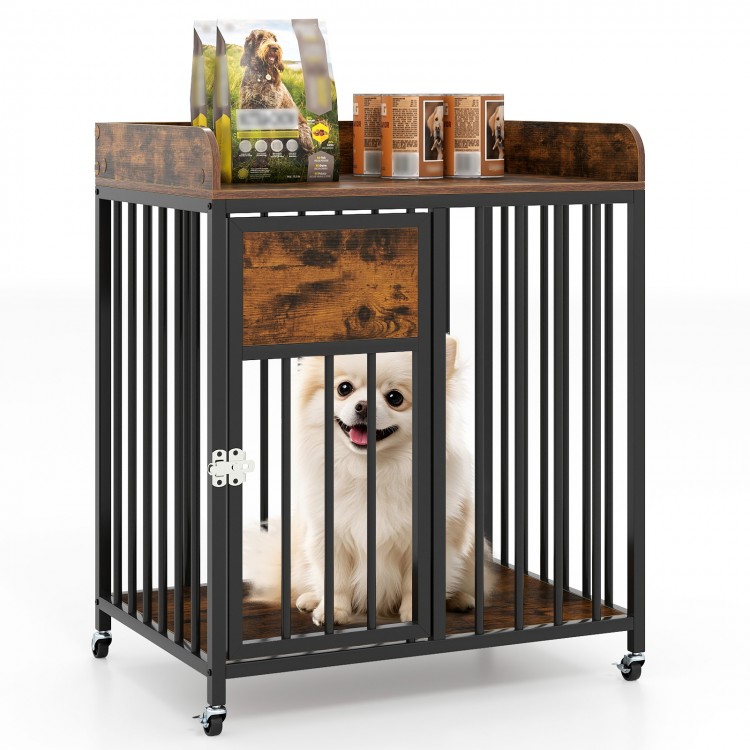 Rustic brown 27.5-inch dog crate furniture with wheels, featuring a lockable door and spacious tabletop for supplies.