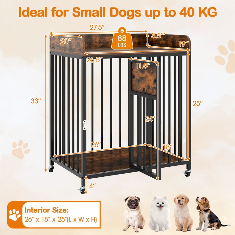 Rustic brown 27.5-inch dog crate with wheels, ideal for small dogs, featuring a large tabletop and lockable front door.
