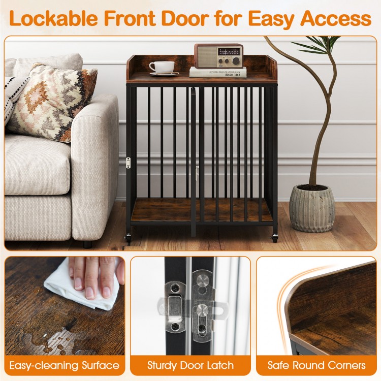 27.5-inch rustic brown dog crate furniture with lockable front door, sturdy metal tubes, and easy-cleaning surface.