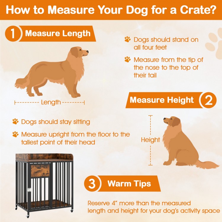 27.5-inch rustic brown dog crate furniture with wheels, sturdy metal tubes, doubles as an end table for small dogs.