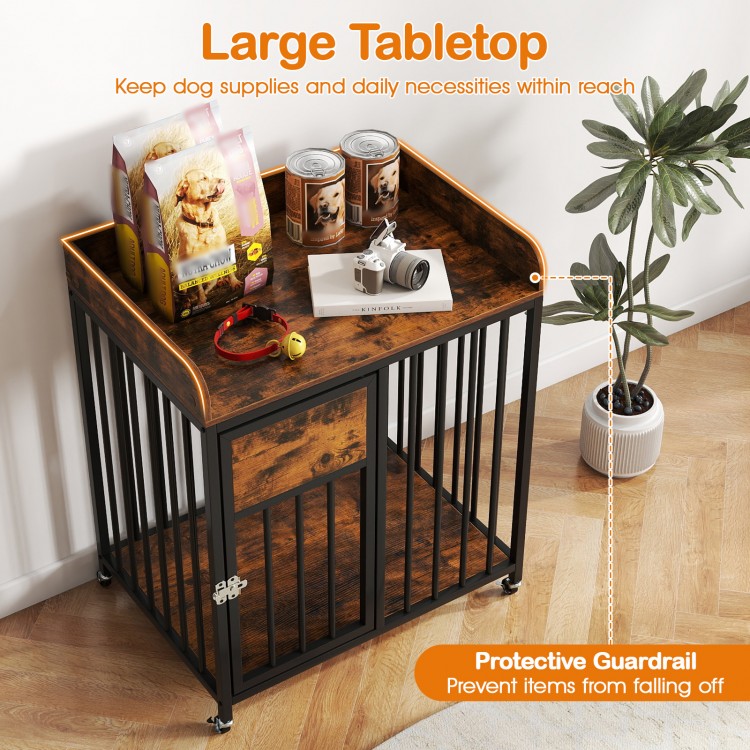 Rustic brown dog crate furniture with wheels features a large tabletop and protective guardrail for secure storage.