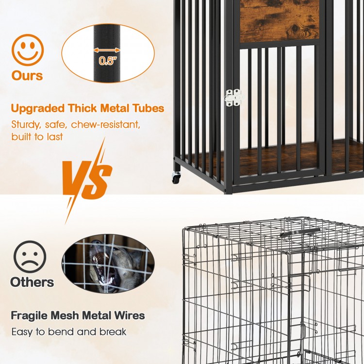 Comparison of sturdy 0.5" thick metal tubes of the dog crate versus fragile mesh wires, highlighting durability and.