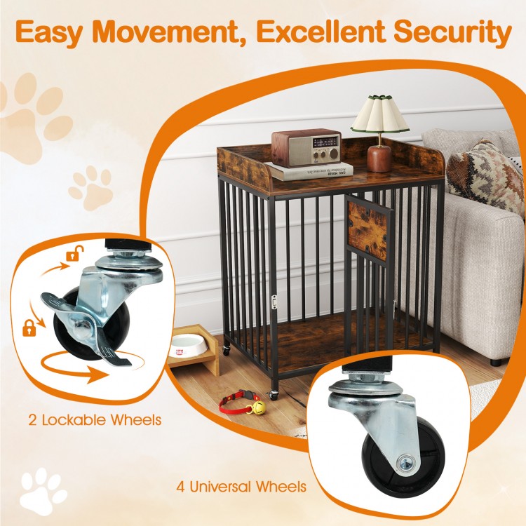 Rustic brown 27.5-inch dog crate furniture with wheels, featuring lockable wheels for secure placement and easy.