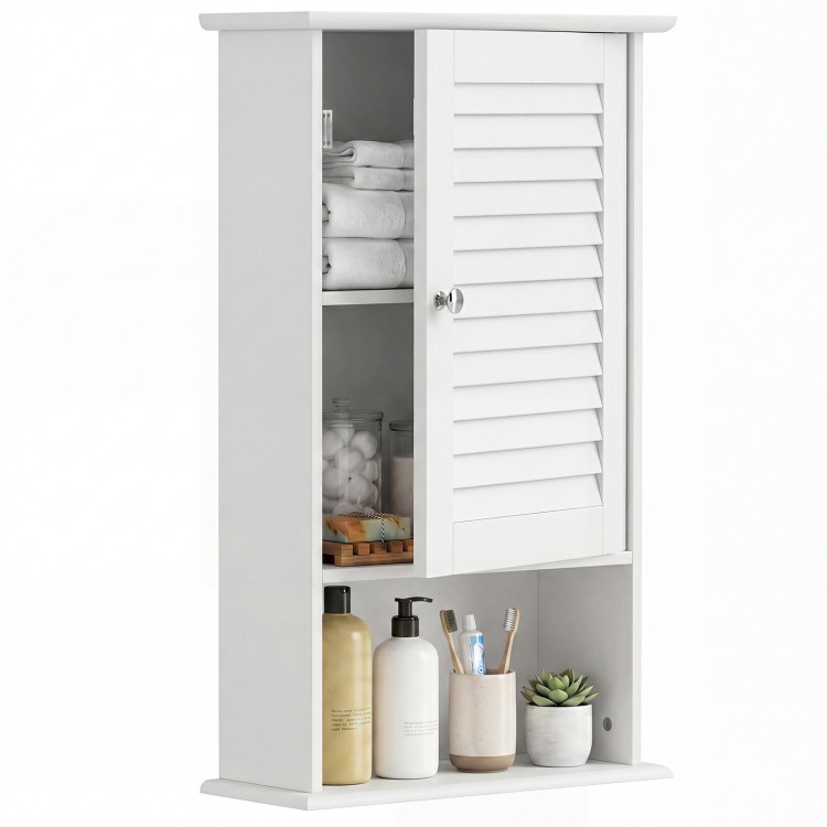 Wall hanging bathroom storage cabinet in white with adjustable shelves and shutter door for organized space-saving storage.