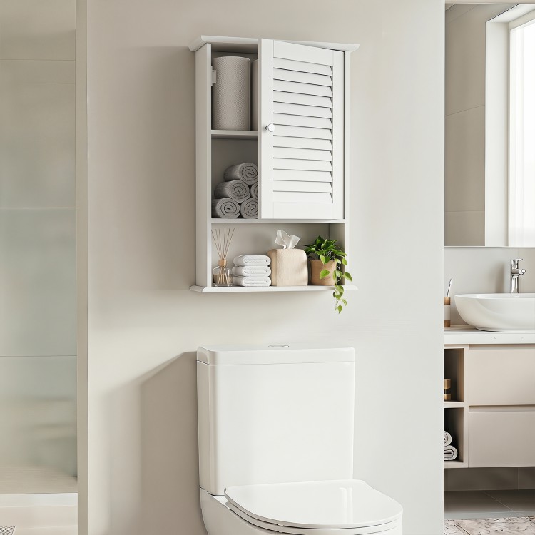 Wall-mounted 27.5-inch bathroom storage cabinet in white with adjustable shelves for organized and convenient storage.