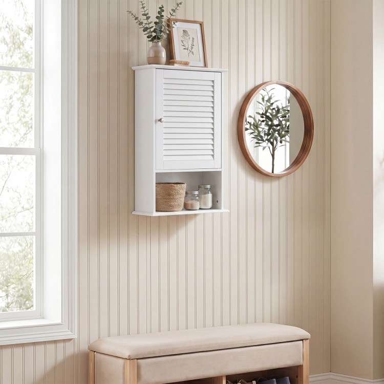 Wall-mounted 27.5-inch bathroom storage cabinet in white with adjustable shelves for organized and stylish storage.