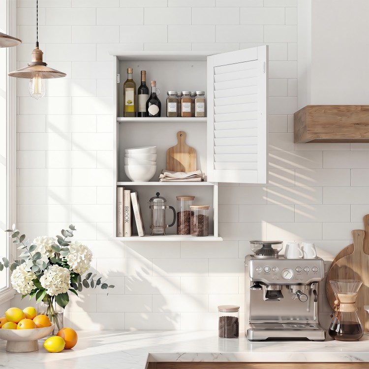 Wall hanging bathroom storage cabinet with adjustable shelves and elegant white finish for organized living spaces.