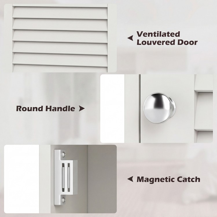 Ventilated louvered door and round handle detail of the 27.5-inch wall hanging bathroom storage cabinet for organized spaces.