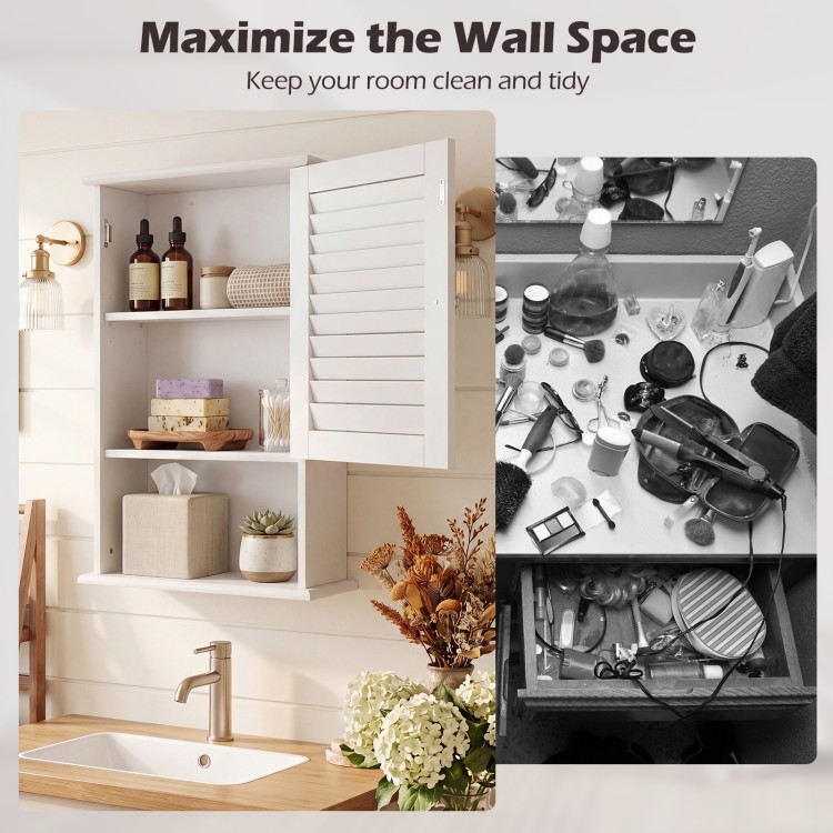 Wall-mounted bathroom storage cabinet in white with adjustable shelves for organized and tidy living spaces.