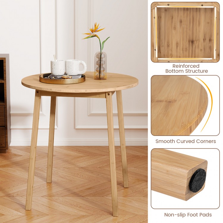 Round bamboo dining table for 2-4 people with smooth curved corners and non-slip foot pads, ideal for small spaces.