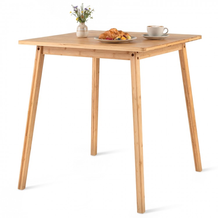 Square bamboo dining table for 2-4 people with a natural finish, perfect for compact spaces and versatile use.