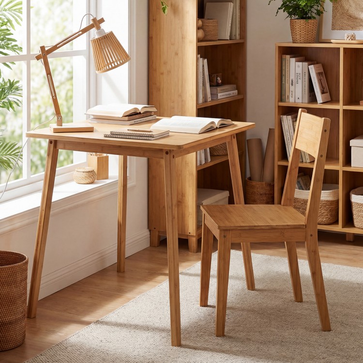 Square bamboo dining table for 2-4 people with natural finish, ideal for compact spaces and versatile use.