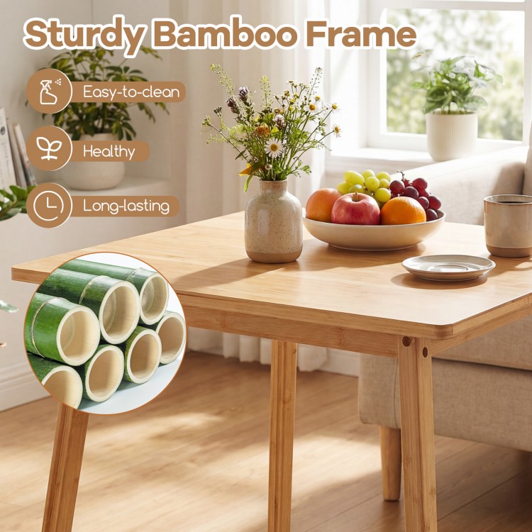 Square bamboo dining table for 2-4 people with a sturdy frame, smooth corners, and non-slip foot pads for safety.