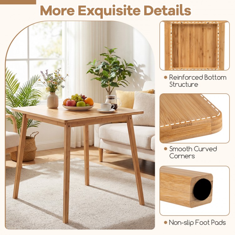 Square bamboo dining table with reinforced structure and non-slip foot pads, ideal for 2-4 people in compact spaces.