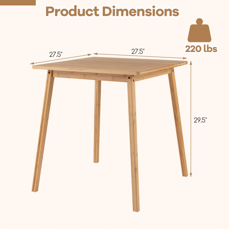 27.5-inch square bamboo dining table with a sturdy frame, ideal for 2-4 people, perfect for compact spaces.