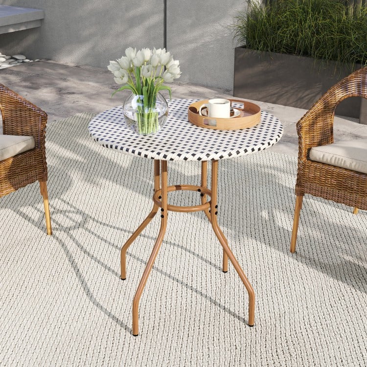 27.5-inch outdoor bistro table with a durable metal frame and adjustable foot pads, perfect for patio or garden use.