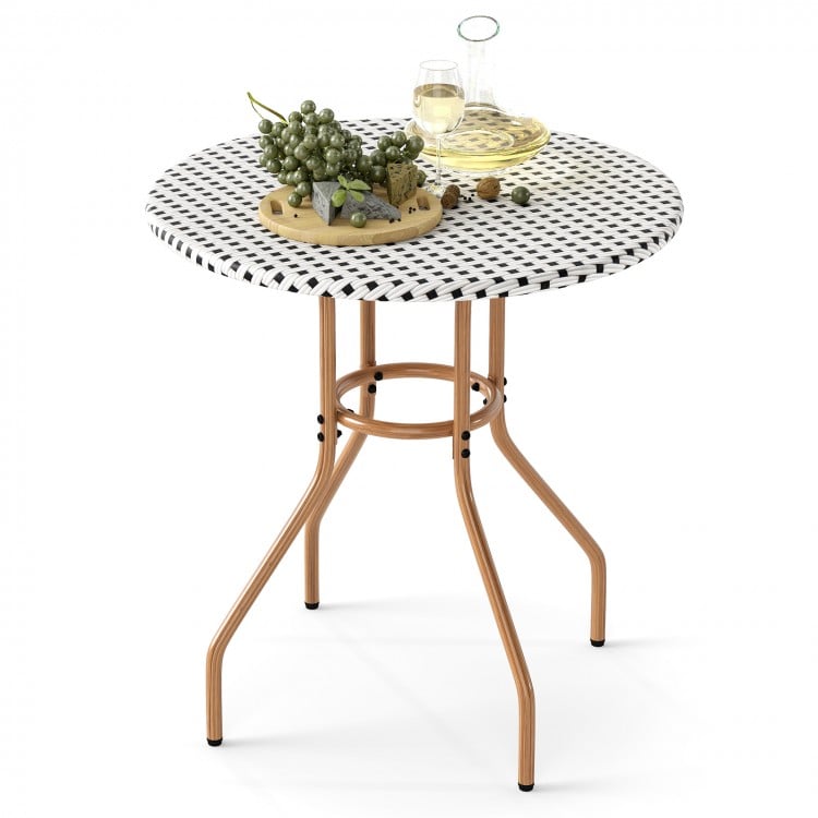 27.5-inch outdoor bistro table with a durable metal frame and PE rattan top, perfect for patio or garden use.