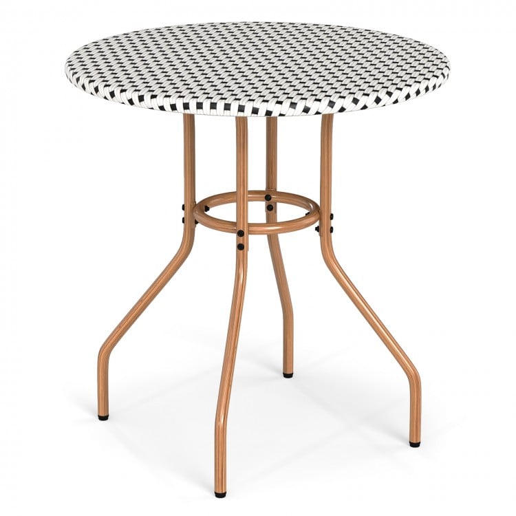 27.5 inch outdoor bistro table with a durable metal frame and PE rattan top, perfect for patio or garden use.
