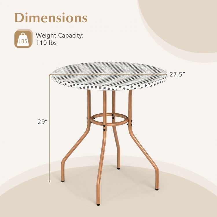 27.5-inch outdoor bistro table with a durable metal frame, featuring adjustable foot pads for stability and retro style.