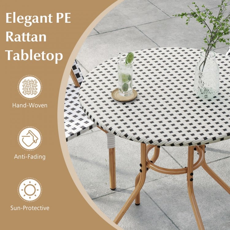 Round 27.5 inch outdoor bistro table with hand-woven PE rattan tabletop and sturdy metal frame for patio use.