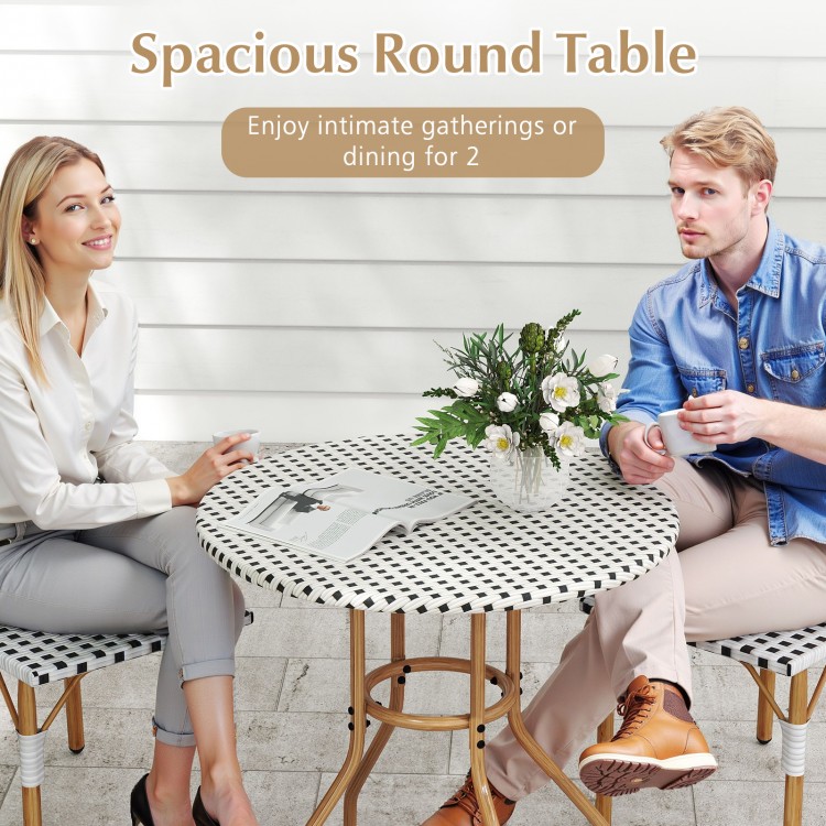 Spacious 27.5 inch outdoor bistro table with durable PE rattan and metal frame, perfect for intimate dining for two.