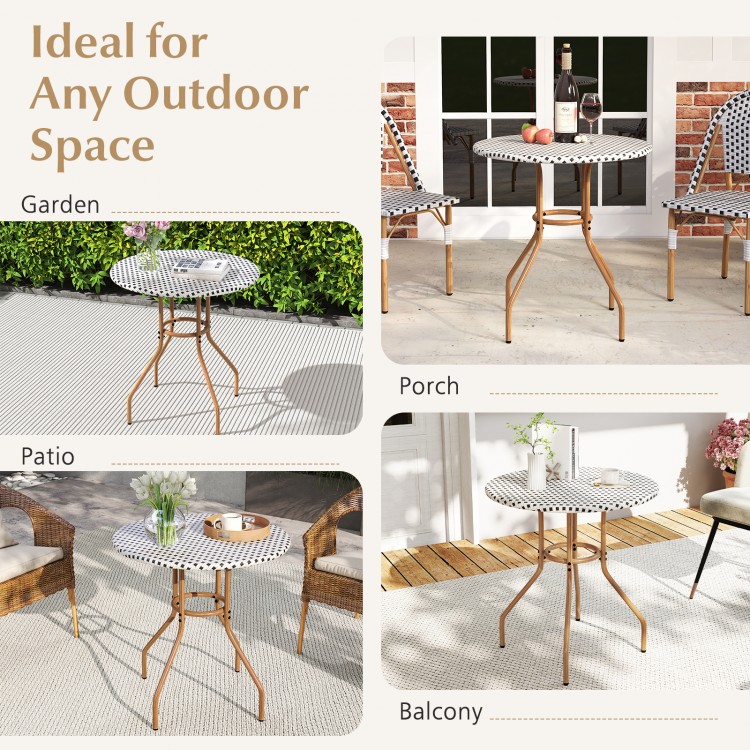 Round 27.5 inch outdoor bistro table with a retro design and sturdy metal frame, ideal for garden or balcony settings.
