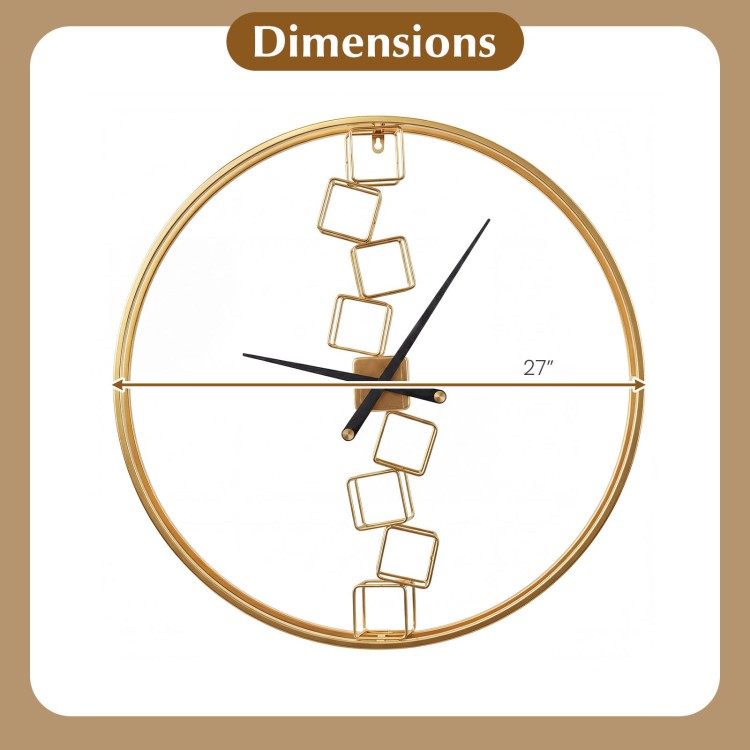 27-inch yellow wall clock with a robust metal frame and unique square design, ideal for living room or kitchen decor.