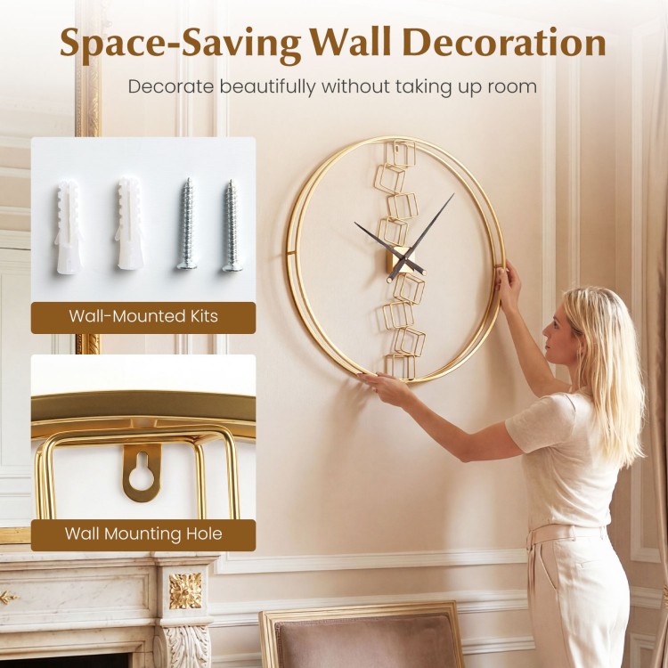 Large 27-inch yellow wall clock with a robust metal frame, ideal for living room or kitchen, featuring a space-saving.