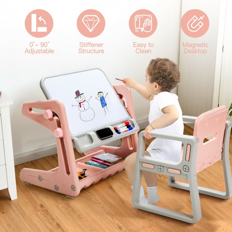 Kids easel table and chair set in pink with adjustable height, magnetic board, and ample storage for art supplies.