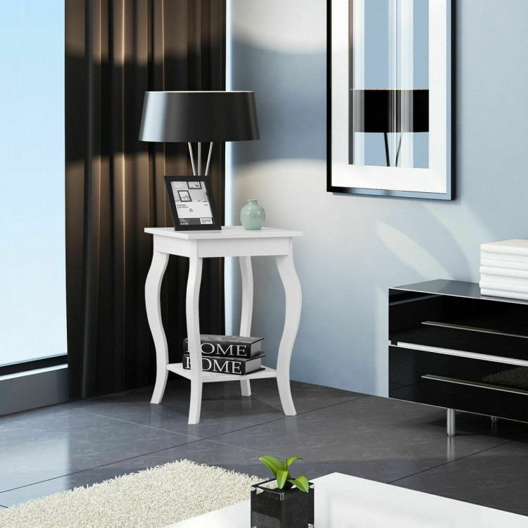 White accent sofa end side table with elegant curved legs, perfect for small item storage in modern living spaces.