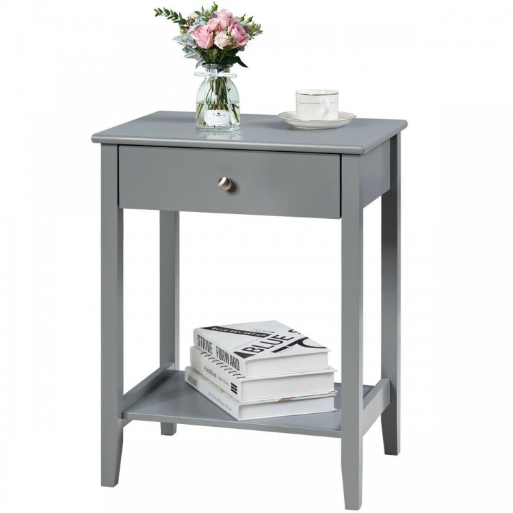 Gray wooden bedside table with a sliding drawer and open shelf, perfect for storing essentials in any room.