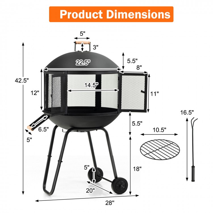 28-inch portable fire pit on wheels with log grate, featuring a black steel frame and dimensions for easy setup and.