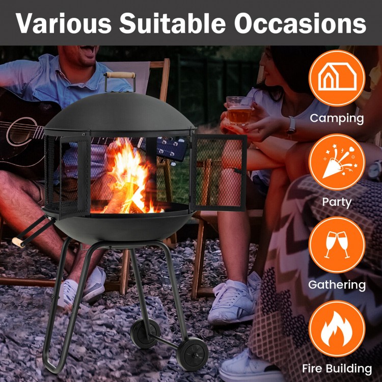 28-inch portable black fire pit on wheels with log grate, ideal for camping and outdoor gatherings.