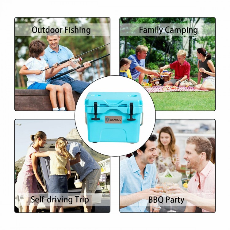 Portable blue ice cooler with 24-can capacity, ideal for camping, BBQs, and outdoor activities. Features cup holders.