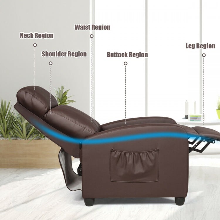 Recliner sofa wingback chair in brown with adjustable angles, massage function, and side pocket for remote control.