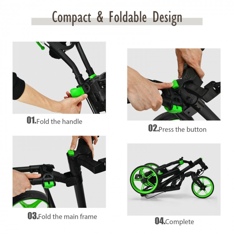 Folding Golf Push Cart showcasing compact design steps, featuring adjustable handle and swivel wheels for easy storage.